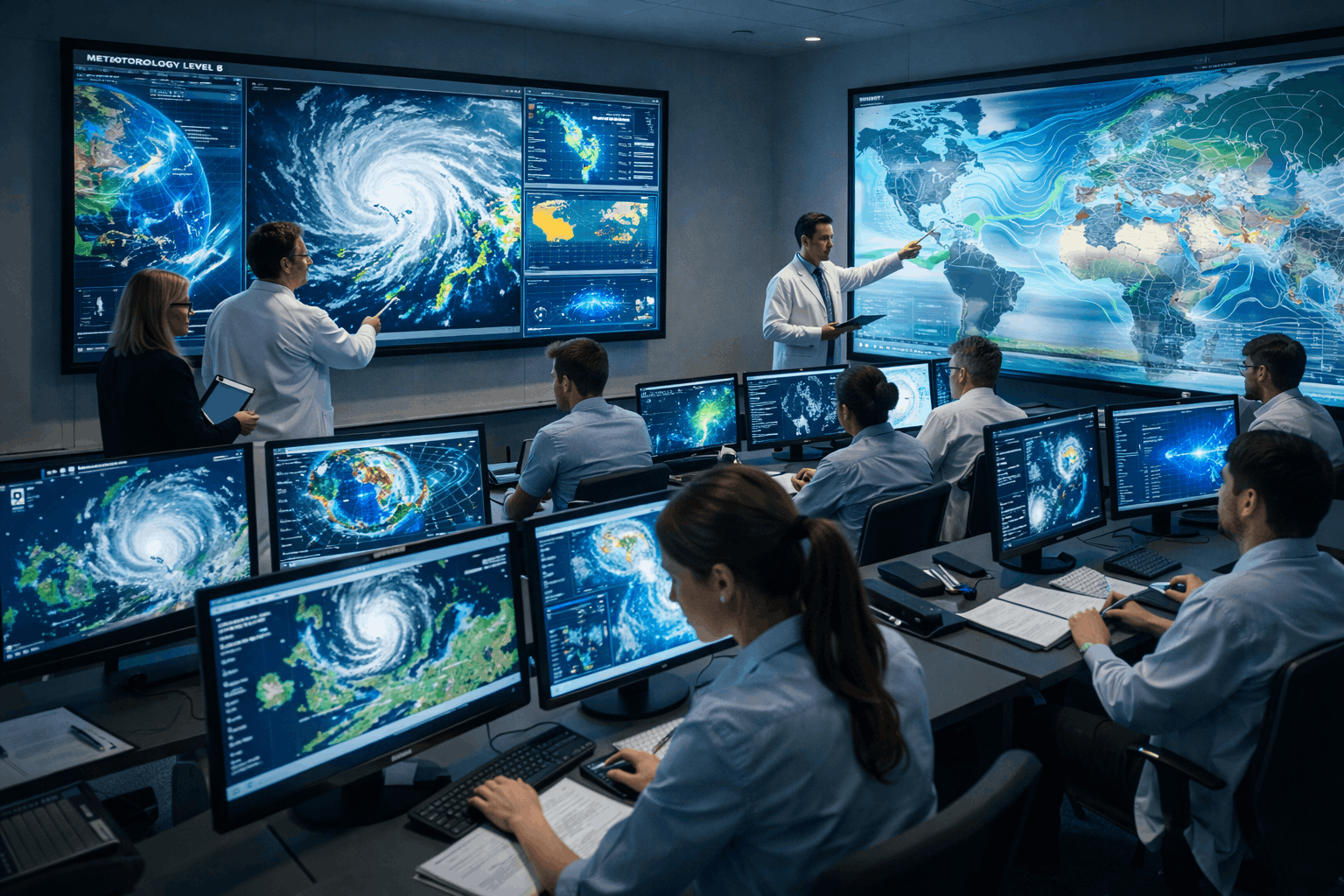 meteorology level 8 students analysing weather data and satellite maps in a modern atmospheric science laboratory