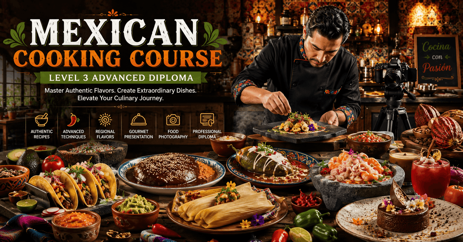 Mexican Cooking Course featuring gourmet tacos, mole sauces, seafood dishes, and colourful Mexican cuisine