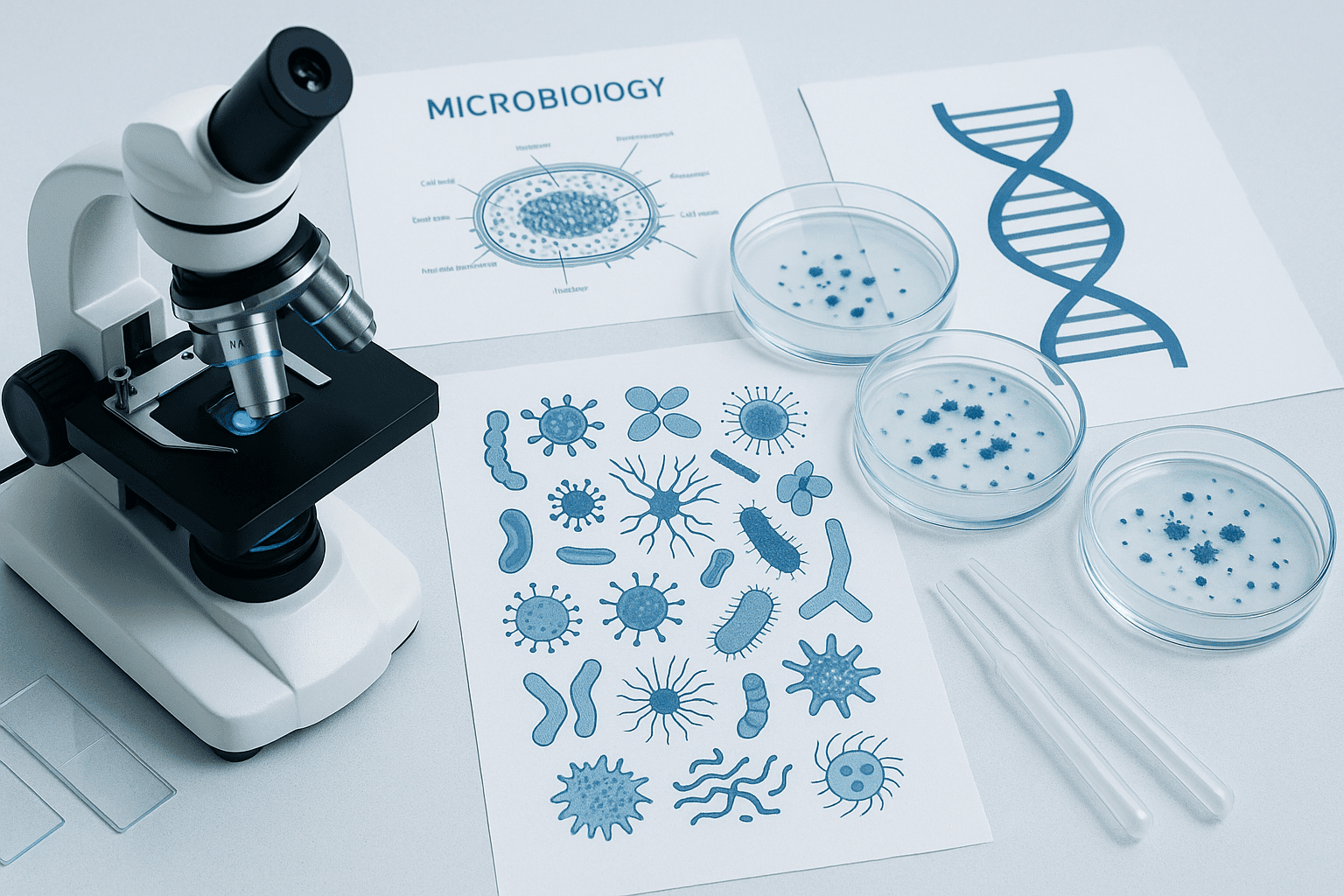 Microbiology course banner showing microbes, lab equipment, and scientific illustrations on a clean research-themed background.