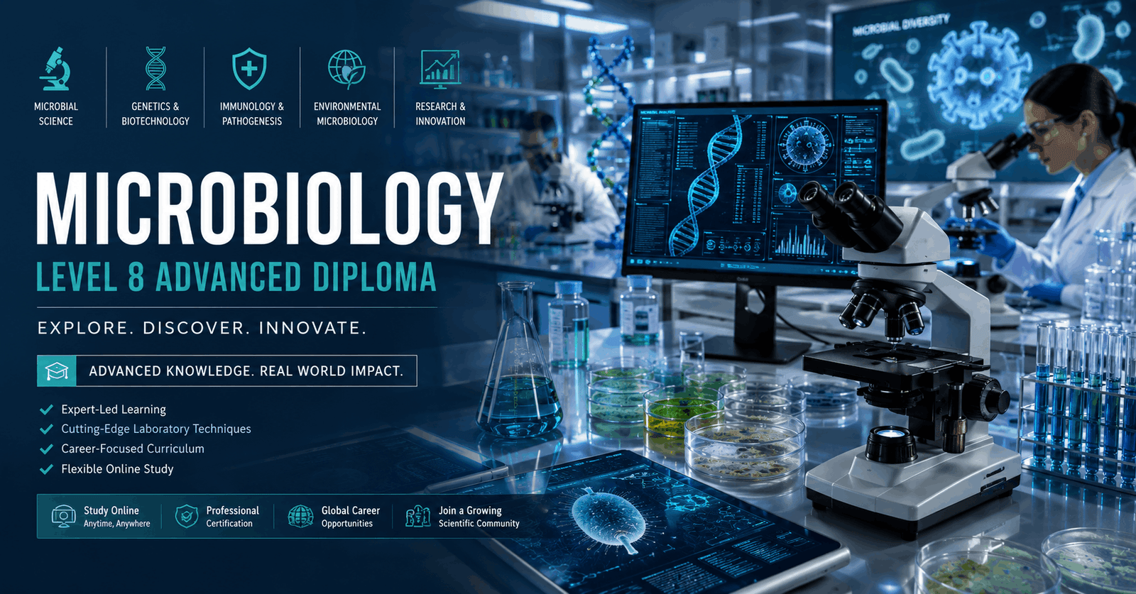 Microbiology Diploma course showing scientists analysing microorganisms in a modern laboratory environment