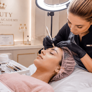 Beauty technician performing eyebrow treatment during a professional microblading course session
