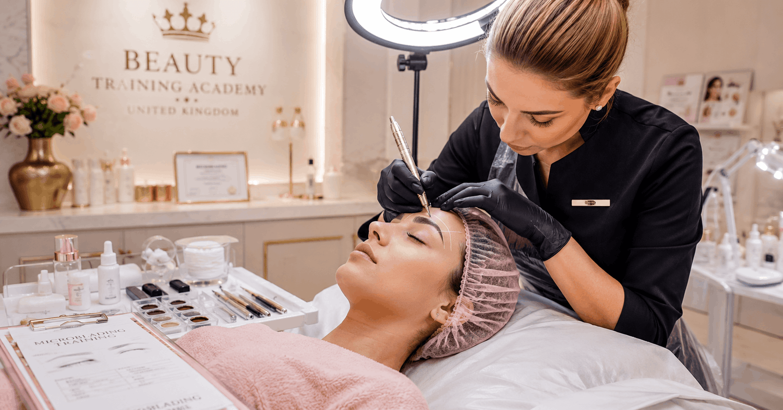 Beauty technician performing eyebrow treatment during a professional microblading course session