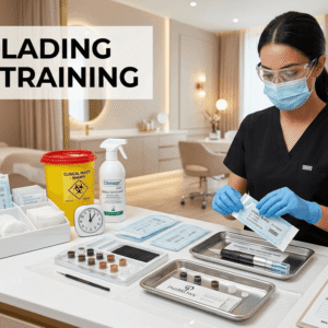 Beauty technician following microblading safety training with PPE, sterile tools, and hygiene procedures