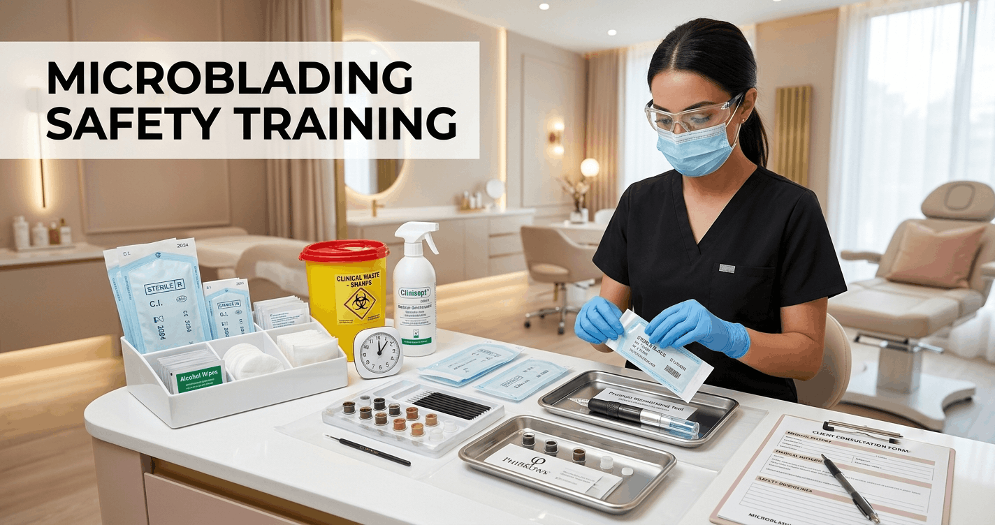 Beauty technician following microblading safety training with PPE, sterile tools, and hygiene procedures