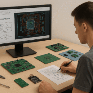 A student analysing semiconductor diagrams and circuit boards, representing a microelectronic engineering study environment.