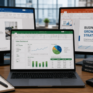 Professional workspace showing Microsoft Office Mastery with Word, Excel spreadsheets, and PowerPoint presentation on screens