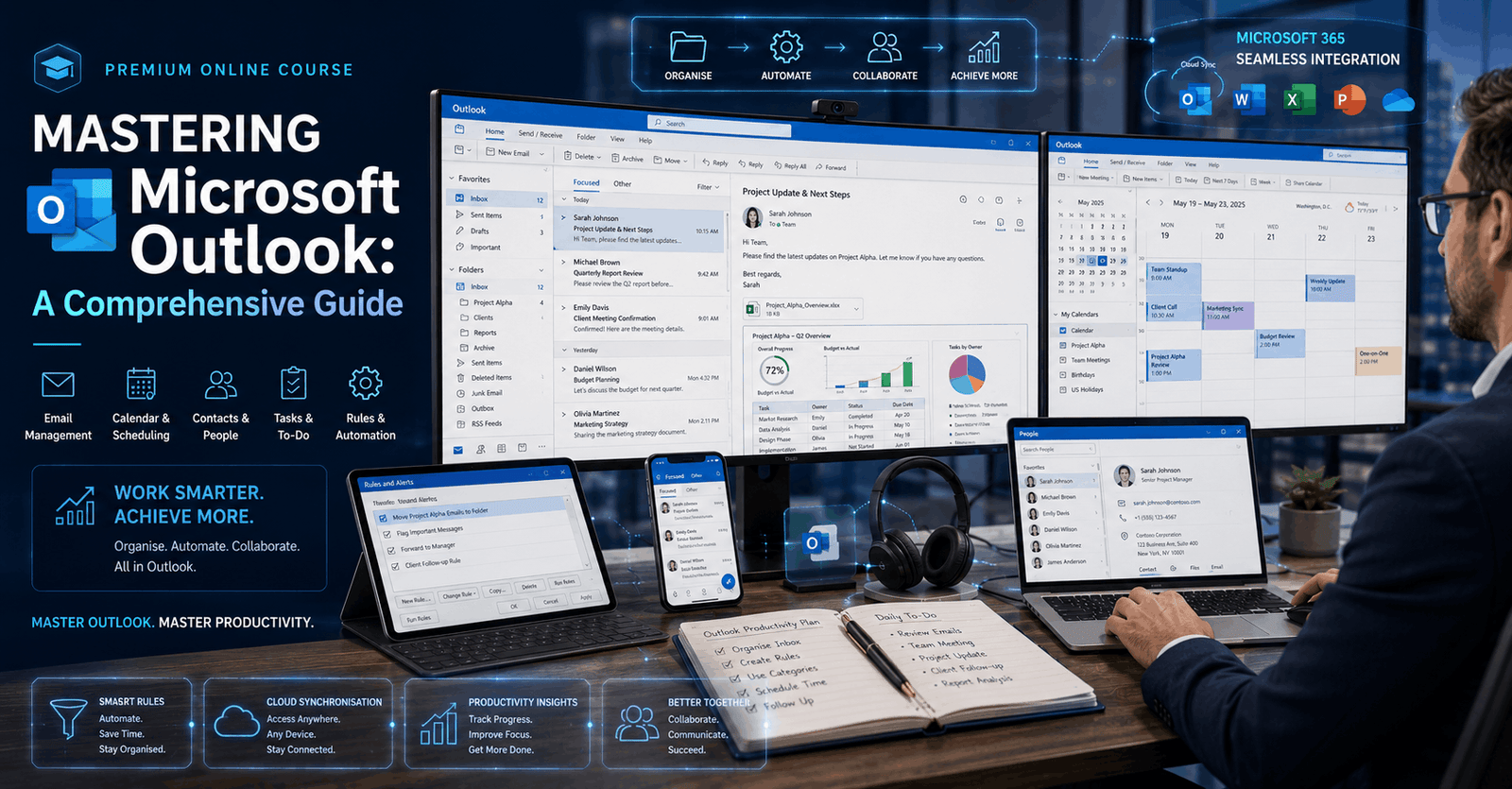 Professional using Microsoft Outlook for email management, calendar organisation, folders, rules and productivity workflows.