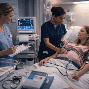 Midwives providing compassionate maternity care during midwifery training diploma studies in a professional healthcare setting.