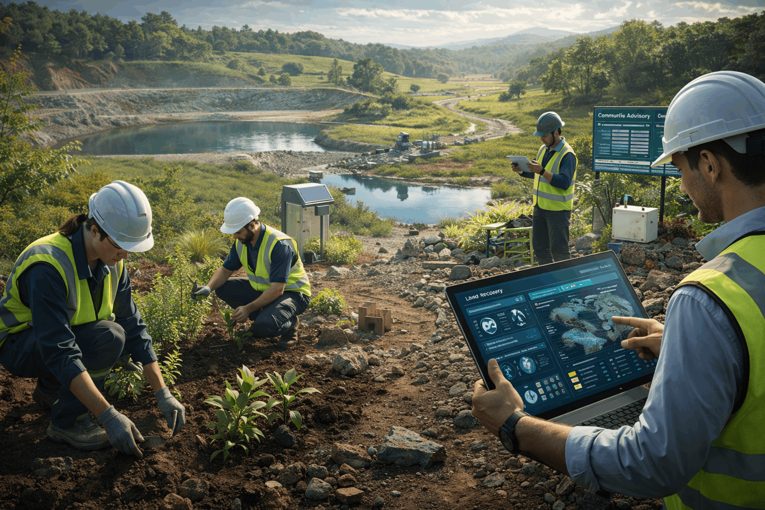 Mine reclamation level 3 students restoring land, planting vegetation and monitoring soil and water quality