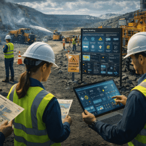 Mine safety level 3 students conducting hazard checks, equipment inspections and safety audits in a modern mining site