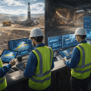 Mining engineering level 3 students analysing mine plans, heavy machinery and digital mining systems on site