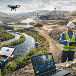 Mining environmental management students monitoring water, air quality and land rehabilitation at a modern mining site