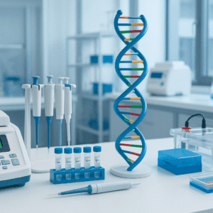 Molecular biology diploma image showing students working with PCR, gels and DNA models in a modern research lab.