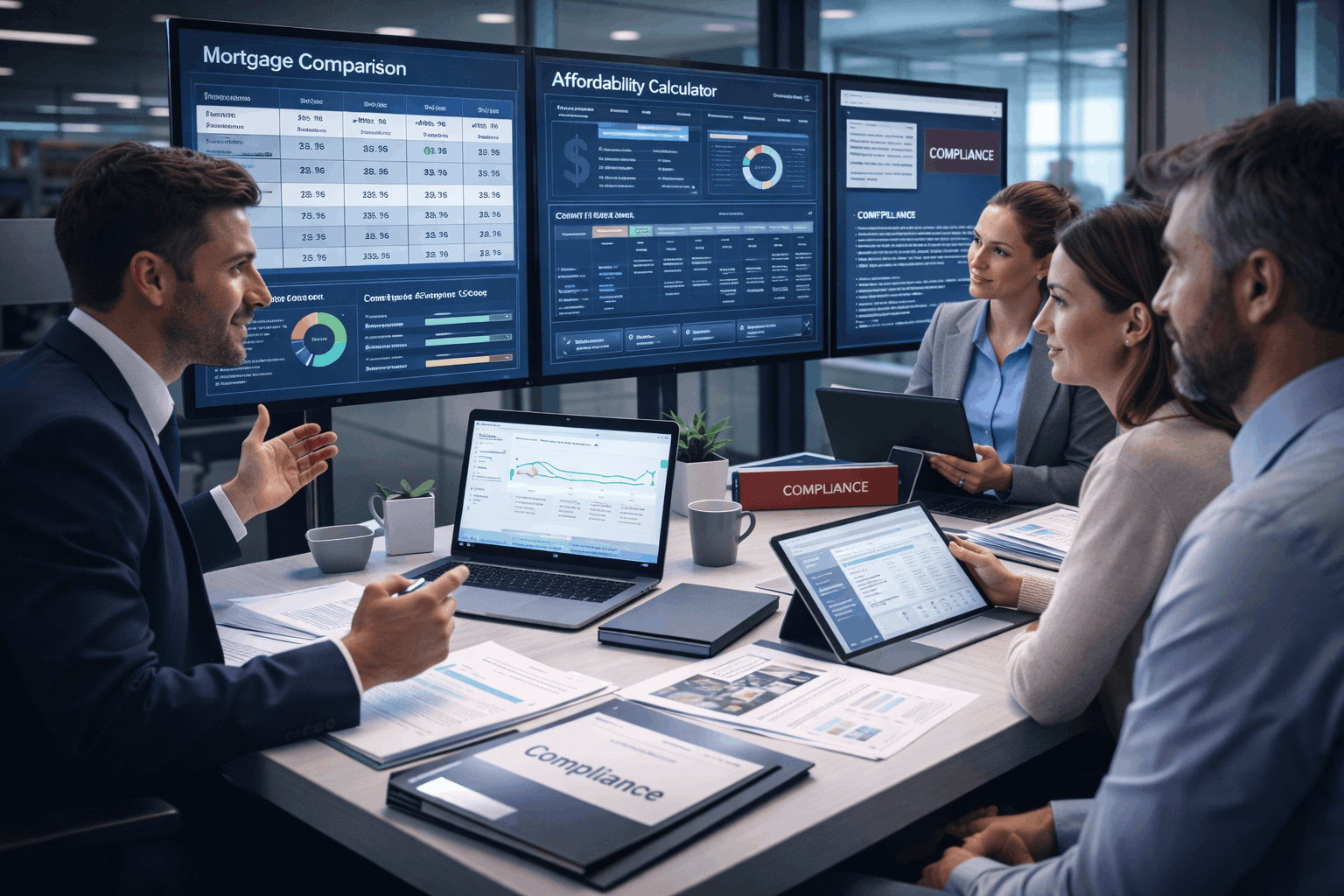 Mortgage advisors reviewing client profiles and mortgage options during mortgage advisor training in a professional UK office.