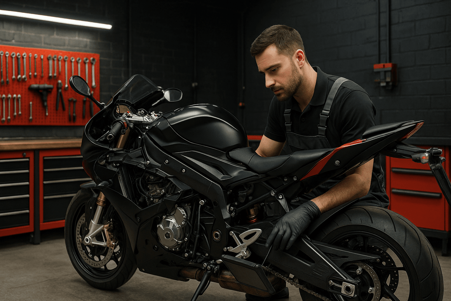 Motorbike maintenance course image showing a mechanic working on a high-performance motorcycle in a professional workshop.
