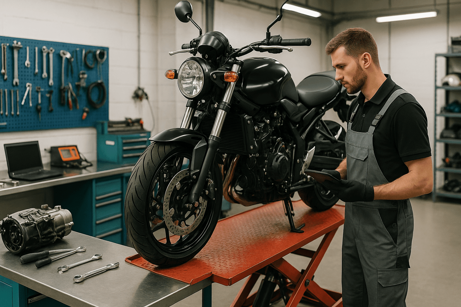 Modern workshop scene showing a motorcycle mechanic training setup for the motorcycle mechanic diploma.