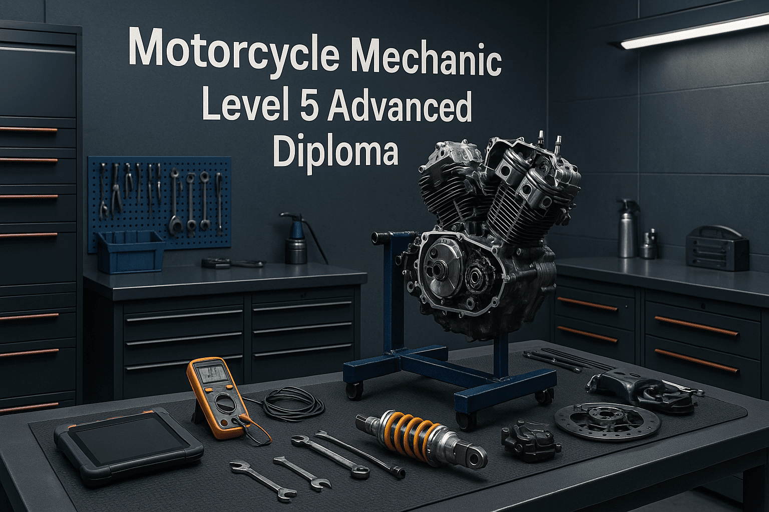Motorcycle mechanic diploma image showing tools, engine parts, and a modern UK workshop setup.