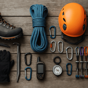 A detailed layout of mountaineering equipment including boots, ropes, helmet, and tools for a mountaineering equipment training course.