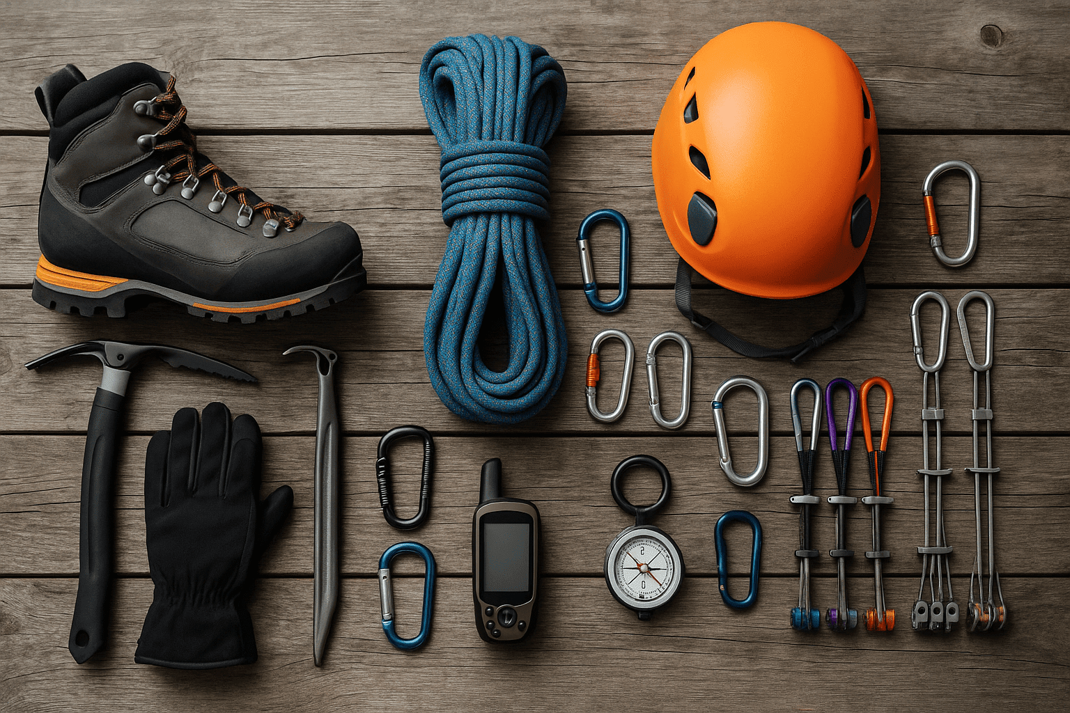 A detailed layout of mountaineering equipment including boots, ropes, helmet, and tools for a mountaineering equipment training course.
