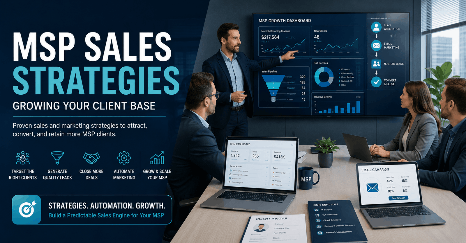 MSP Sales Strategies course showing IT professionals planning client growth and digital marketing campaigns