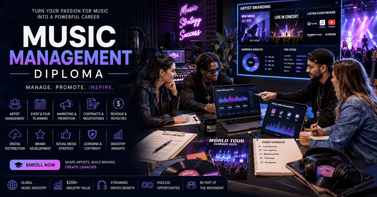 Music managers planning artist promotion for a Music Management Diploma course