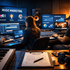 Music production business training showing producers working on marketing, branding and studio systems