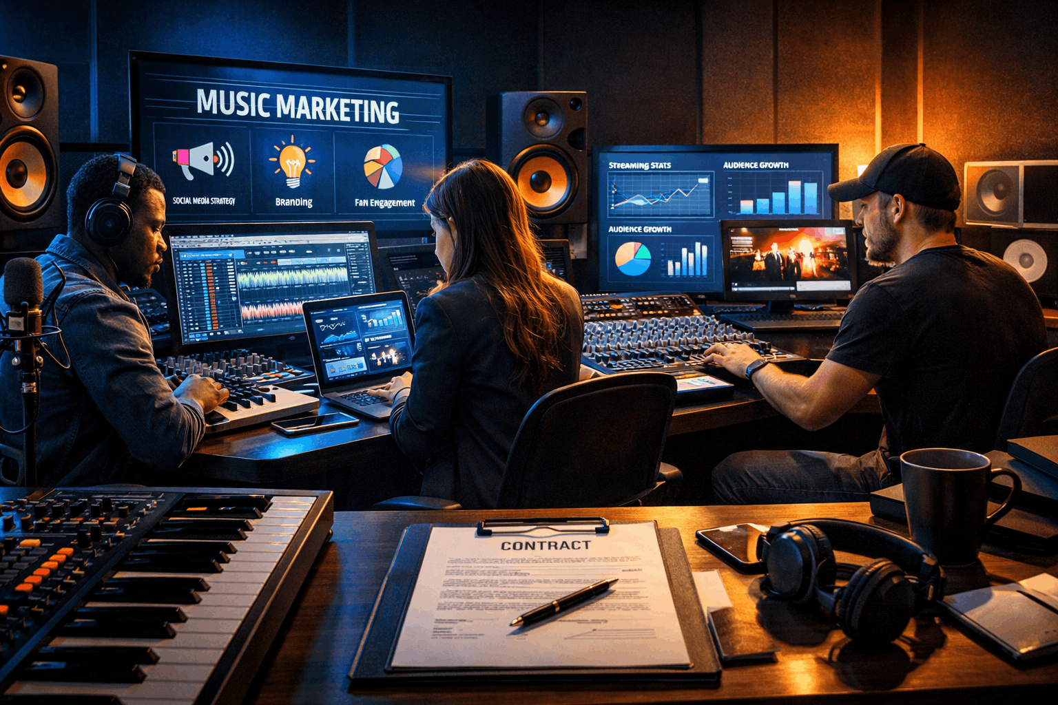 Music production business training showing producers working on marketing, branding and studio systems
