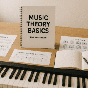 A beginner studying music theory basics with notation sheets, scales, chords, and a keyboard in a bright learning space.