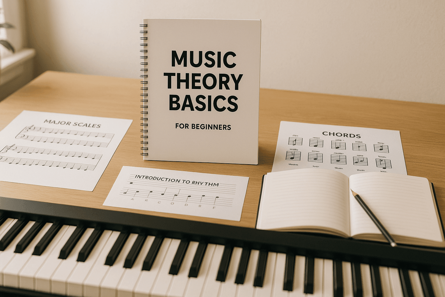 A beginner studying music theory basics with notation sheets, scales, chords, and a keyboard in a bright learning space.