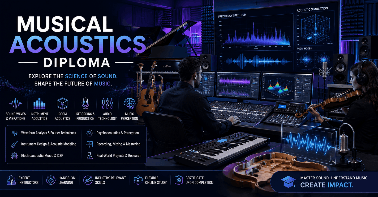 Audio engineer analysing sound waves in a Musical Acoustics Diploma course studio