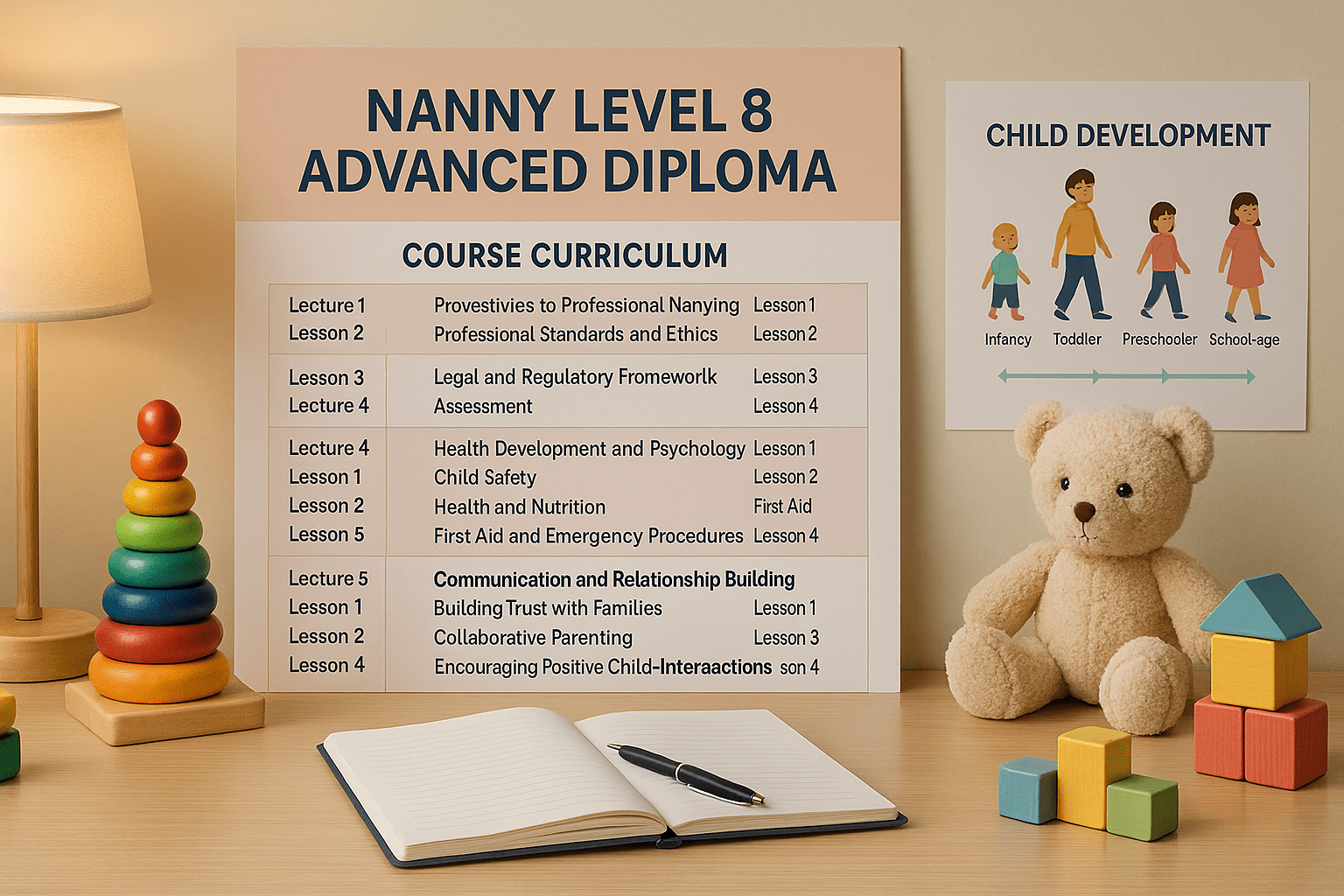 Professional nanny training scene with childcare tools and learning materials for the Nanny Training Level 8 Advanced Diploma.