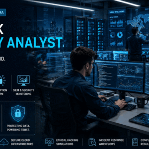Network Security Analyst monitoring cyber threats, firewalls and secure network infrastructure