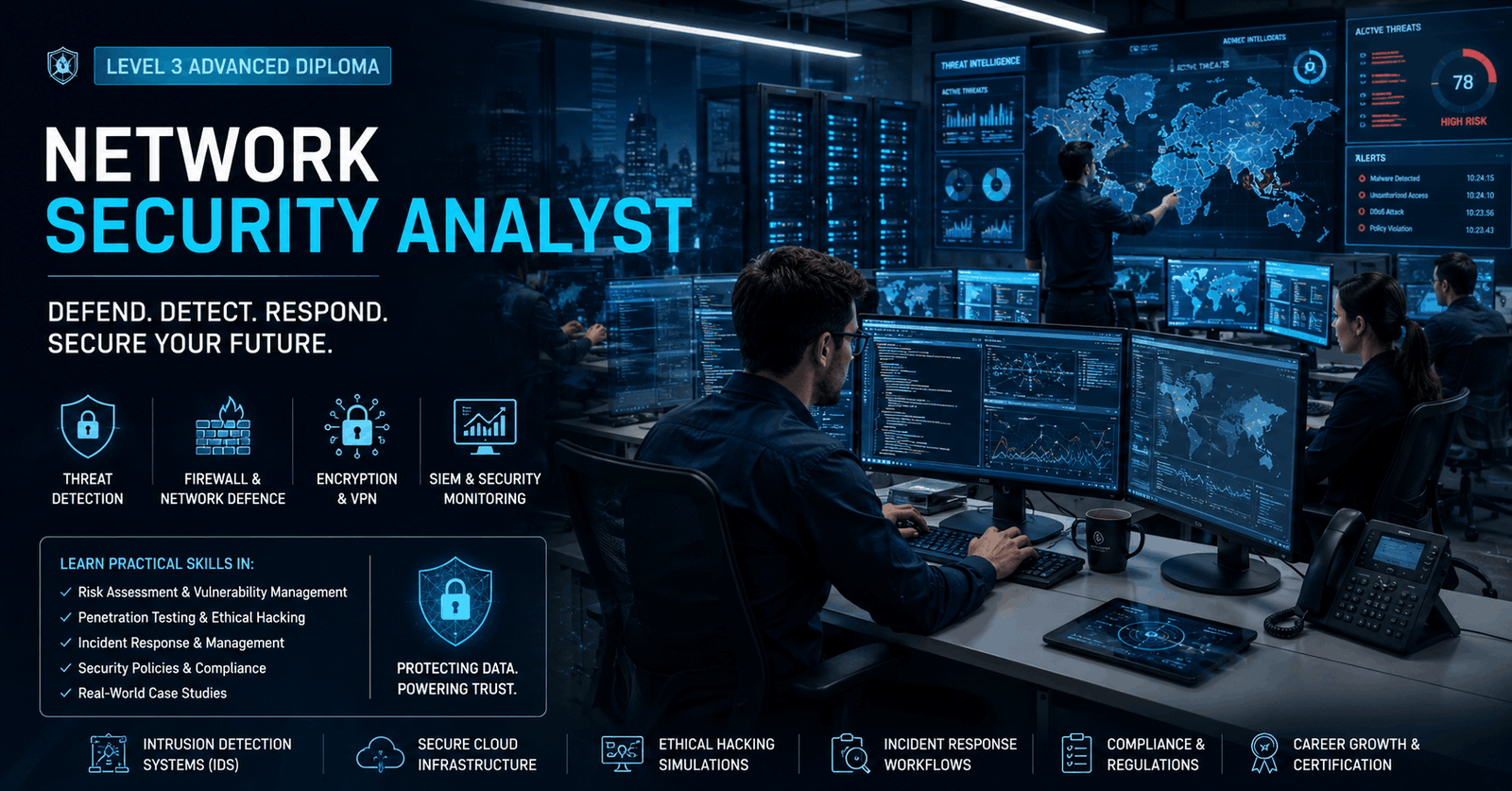 Network Security Analyst monitoring cyber threats, firewalls and secure network infrastructure