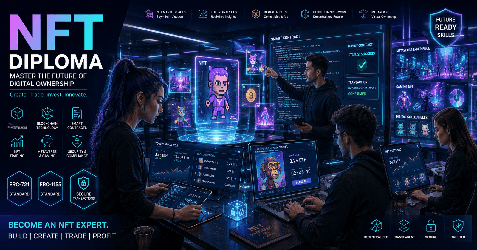 Digital artist creating blockchain assets in an NFT Diploma online training environment