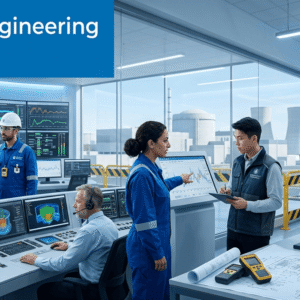 Students and engineers studying reactor systems in a Nuclear Engineering Diploma training environment