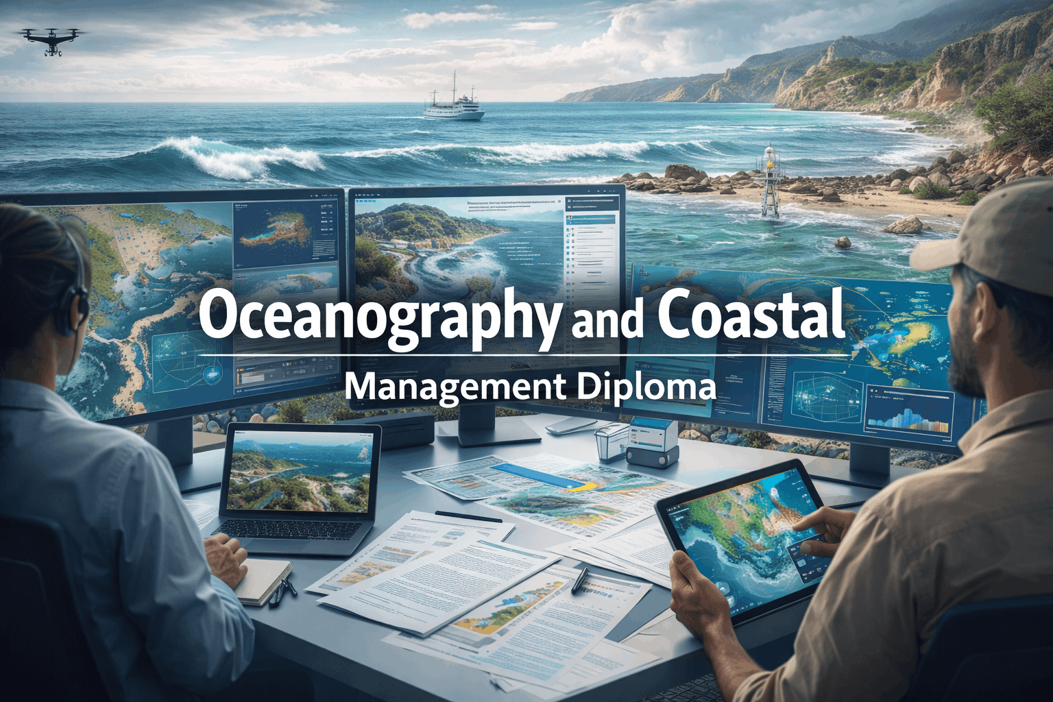 Oceanography and coastal management training showing coastline mapping, ocean data and marine research activities