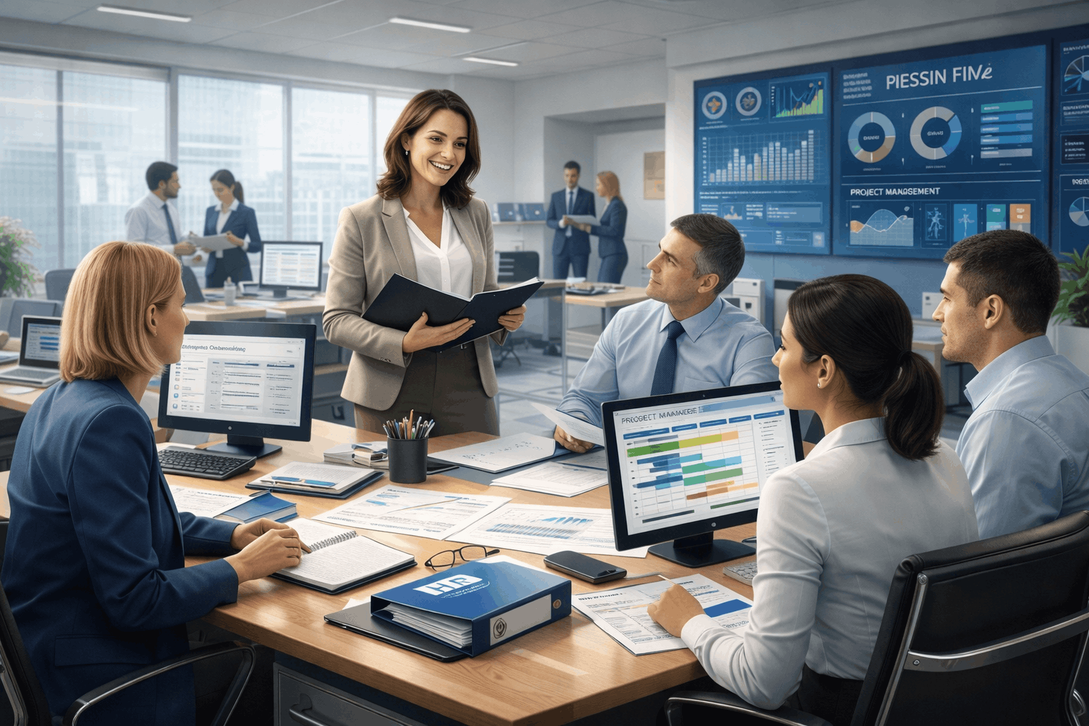 Professional office manager leading office manager diploma training in a modern UK corporate office