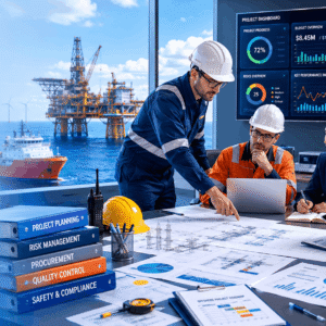 Project managers coordinating offshore operations during an Offshore Project Management training programme