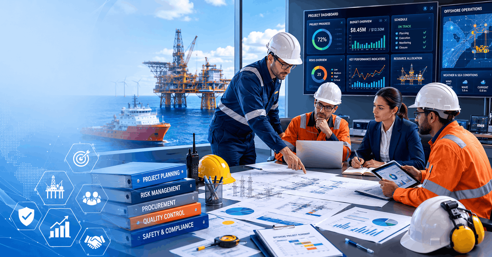 Project managers coordinating offshore operations during an Offshore Project Management training programme