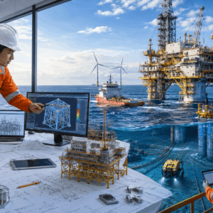 Engineers analysing offshore platforms and structural systems in an Offshore Structure Design course