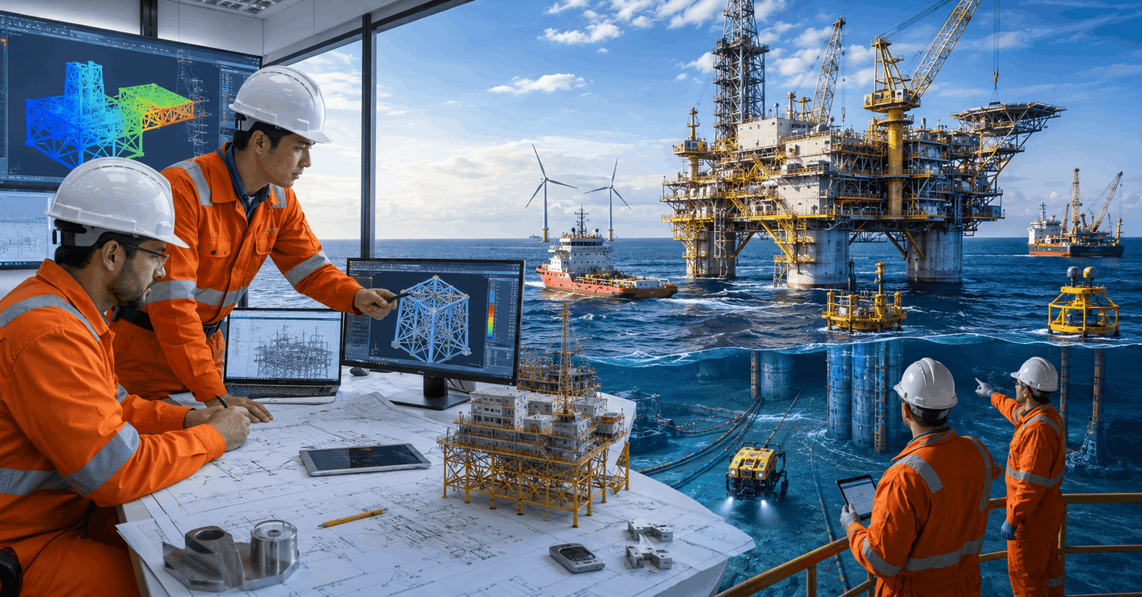 Engineers analysing offshore platforms and structural systems in an Offshore Structure Design course