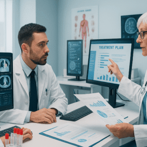 Oncology diploma image showing medical professionals reviewing cancer scans and treatment plans.