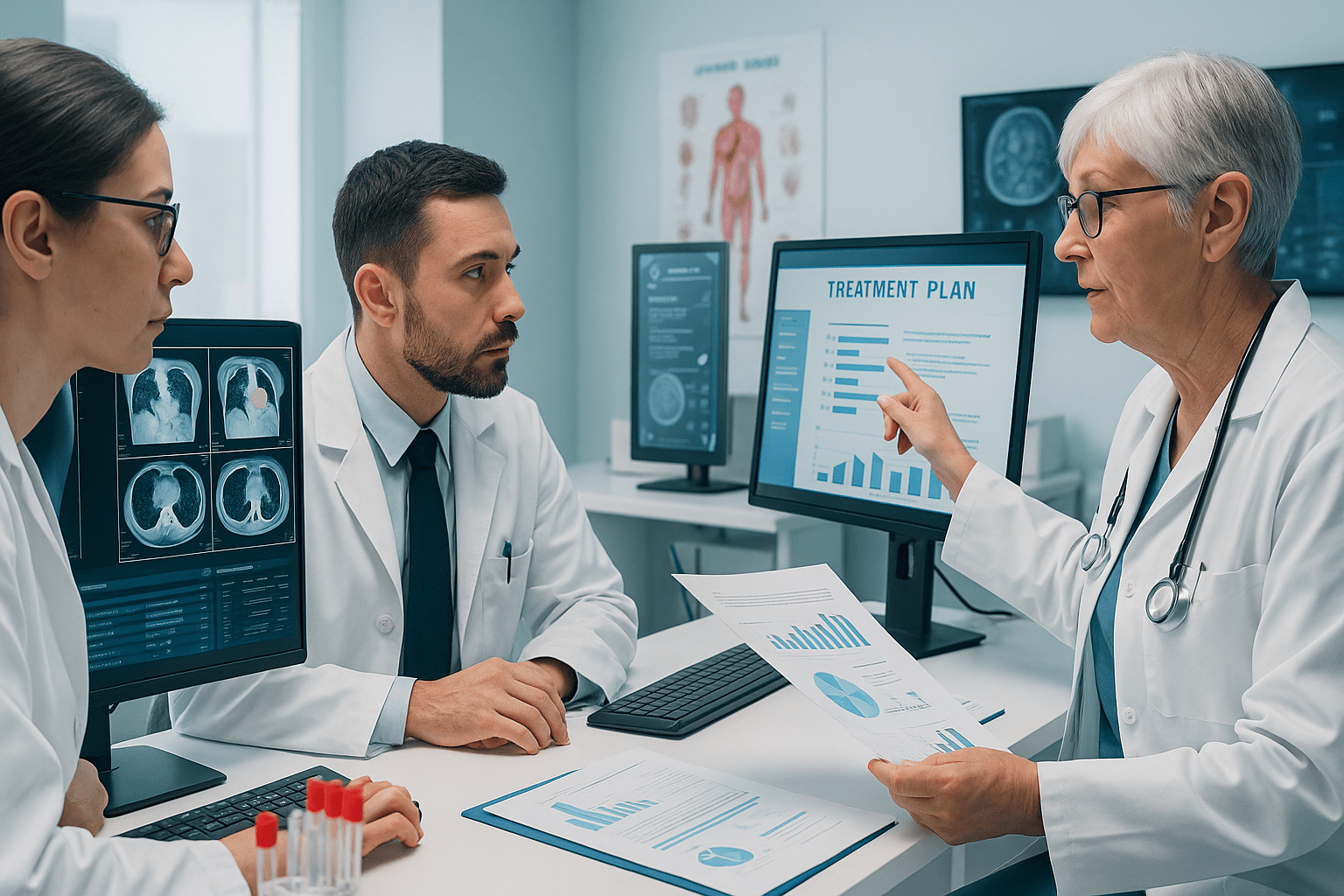 Oncology diploma image showing medical professionals reviewing cancer scans and treatment plans.