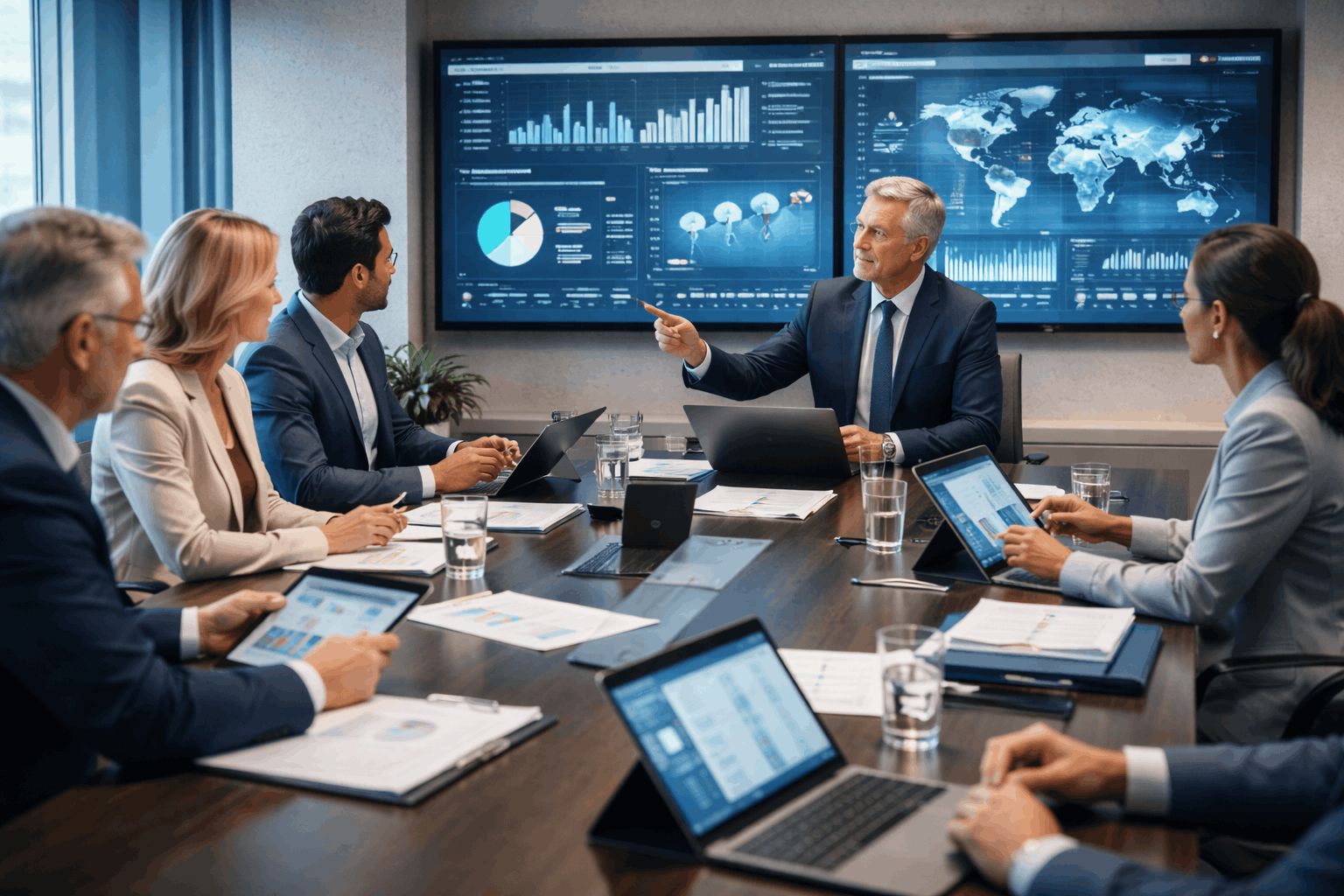 Operations director training showing senior managers planning business operations and performance