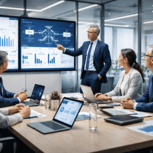 Professional business leaders reviewing performance dashboards during operations management leadership training in a modern corporate environment.
