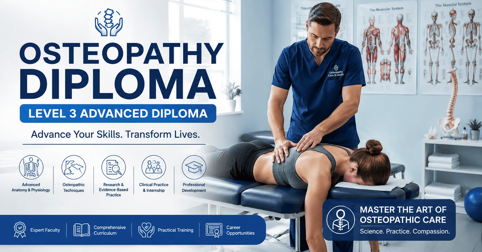 Osteopathy Diploma Level 3 student performing advanced osteopathic treatment in a clinical setting