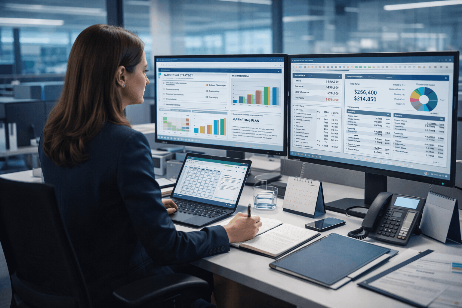 PA Level 3 Diploma training showing a professional personal assistant working in a modern business office environment