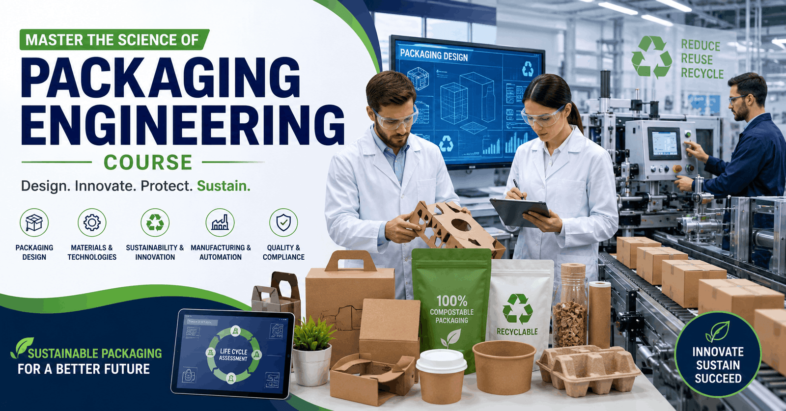 Packaging Engineering Course showing sustainable packaging design and industrial packaging processes