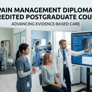 Healthcare professionals providing patient-centred care in a Pain Management Diploma learning environment