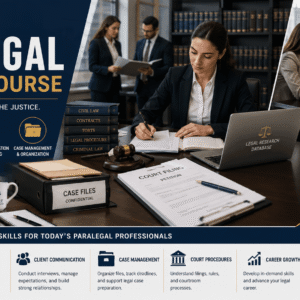 Paralegal Training Course showing legal research, client communication, and legal document preparation
